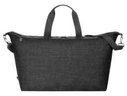 A large black duffle bag with sturdy handles and an adjustable shoulder strap, featuring a logo.