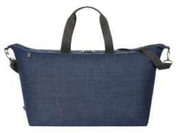A navy blue duffle bag with sturdy handles and a detachable shoulder strap, featuring a logo.
