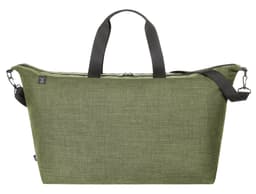 An olive green duffle bag with black handles and a removable shoulder strap, featuring a branding logo.