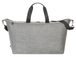 A grey duffle bag with a zip closure and dual handles, featuring a removable shoulder strap and a logo.