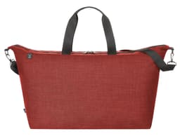 A red duffle bag with black handles and a shoulder strap, featuring a logo.