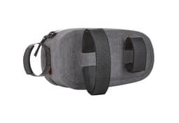 A grey bicycle frame bag featuring adjustable straps and a zippered closure, with a logo on the side.