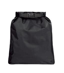 A black dry bag with a roll-top closure and an adjustable strap. The bag has a logo on it.