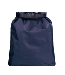 A navy blue dry bag with a fold-top closure and an adjustable buckle strap. It has a logo on the front.