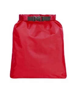 A red dry bag with a buckle closure, featuring a textured surface and a simple design.