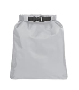 A grey dry bag with a cinch closure and adjustable buckle at the top. It has a smooth, water-resistant surface.