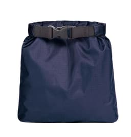 A navy dry bag with a buckle closure, designed for keeping contents dry. Features branding on the material.