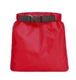 A red dry bag with a secure black buckle strap, featuring a smooth, waterproof exterior.