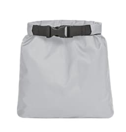 A grey dry bag with a black buckle strap, designed to keep contents safe and dry. Features a logo.