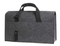 A grey felt organizer bag with a zip closure and two front pockets, featuring black handles and a branding logo.