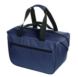 A navy blue cooler bag with twin handles and a front zip pocket. It features a logo.