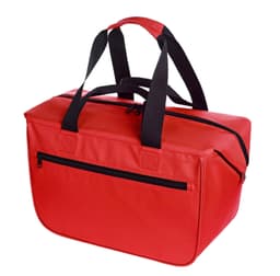 A red cooler bag with dual black handles and a zippered compartment on the front. It features a logo on the side.