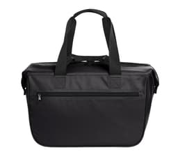 A black cooler bag with sturdy handles and a zipper closure. Features a plain exterior and a logo.