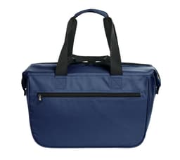 A navy blue cooler bag with dual black shoulder straps and a zippered pocket on the front. It features a logo.