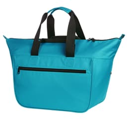 A bright turquoise cooler bag with dual black handles and a zippered closure, featuring a front pocket.
