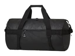 A spacious black duffle bag featuring robust handles and a secure zipper, with an exterior pocket and a logo.