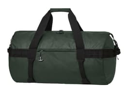 A green duffle bag with black straps and a zipper, featuring a side pocket and a logo.