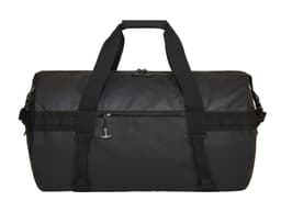 A black duffle bag with dual handles, a zippered top, and an attached logo.