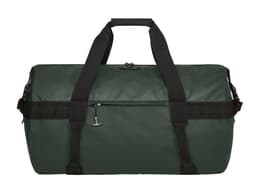 A dark green duffle bag with sturdy handles and a zipper, featuring a small logo.