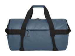 A blue duffle bag with black straps and a zippered pocket, featuring a logo on the side.