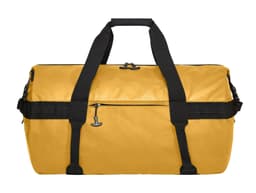 A yellow sports/travel bag with black straps and a zipper, featuring a logo on the side.
