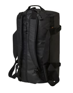 A black duffle bag with adjustable straps and a zippered main compartment. It features a logo.