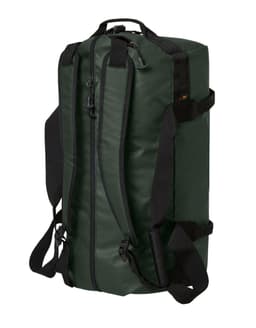 A dark green duffle bag with adjustable shoulder straps and a sturdy handle, featuring a logo.