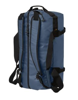 A blue duffle bag with black straps and a logo, featuring two zip compartments and adjustable shoulder straps.