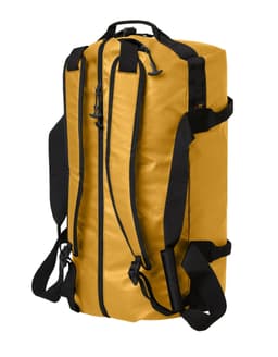 A yellow sport/travel bag with black straps and zippers, featuring a sleek, rectangular design.