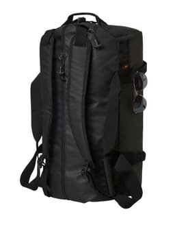 A black duffle bag with shoulder straps, featuring a logo and sunglasses attached to the side.