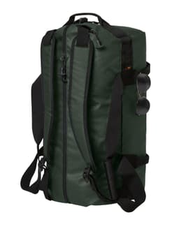 A green duffle bag with a zippered opening, shoulder straps, and a logo, featuring a sleek, durable design.
