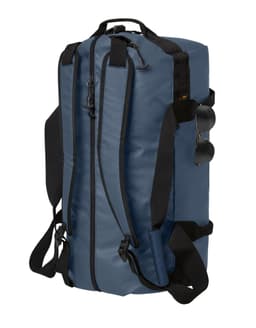 A navy blue duffle bag with black straps and a logo, featuring a front zipper and side pockets.