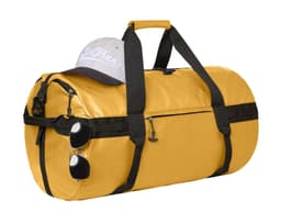 A yellow sports/travel bag with black accents, a grey cap, and sunglasses attached to the zipper.