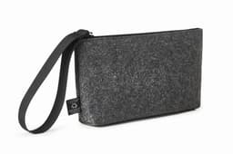 A grey felt zipper bag with a wrist strap and a small logo tag, featuring a simple, modern design.