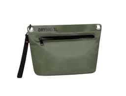 A green Drybag Zipper Bag with a black zipper pocket and a handle attachment, featuring a logo.