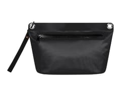 A black Drybag Zipper Bag featuring a zippered pocket and a handle. It has a logo on the exterior.