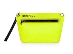 A bright yellow Drybag Zipper Bag with a zippered front pocket and a wrist strap. It features a logo.
