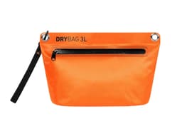 An orange Drybag Zipper Bag with a black zip pocket and a strap, featuring metal grommets.