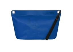 A blue drybag zipper bag with a smooth surface, featuring a strap and eyelets for attachment.