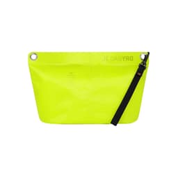A bright yellow dry bag with a black strap and a logo, featuring a textured surface and grommet details.