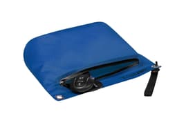 A blue zipper dry bag contains car keys and features an integrated strap. The bag has a logo on it.
