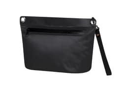 A black Drybag Zipper Bag with a zippered pocket and a strap, featuring a logo. Suitable for carrying various items.
