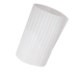 A white chef hat with pleats, designed for culinary use, featuring a branding logo.