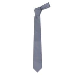 A cravat tie in a light blue colour with a polka dot pattern and a slender design. It features a branding logo.
