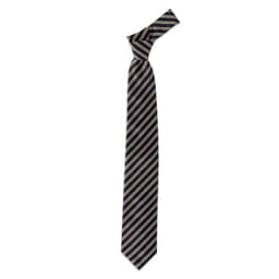 A striped cravat tie in navy blue and gold, featuring a classic design and a logo.