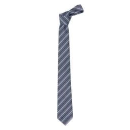A cravat tie in navy blue with diagonal white stripes, featuring a simple knot at the top.