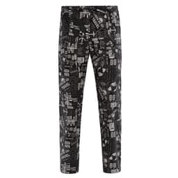 Black pants featuring various travel-themed patterns in grey tones, along with a logo on the waistband.