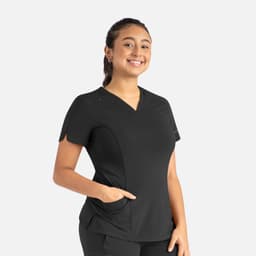 A black women's curved V-neck top featuring short sleeves and side pockets, with branding visible on the garment.