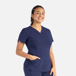 A women's curved V-neck top in navy blue, featuring short sleeves and side pockets. It also has a logo.