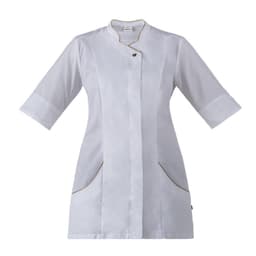 Atena Tunic in white with contrasting trim, featuring a button closure and three-quarter sleeves, includes pockets.